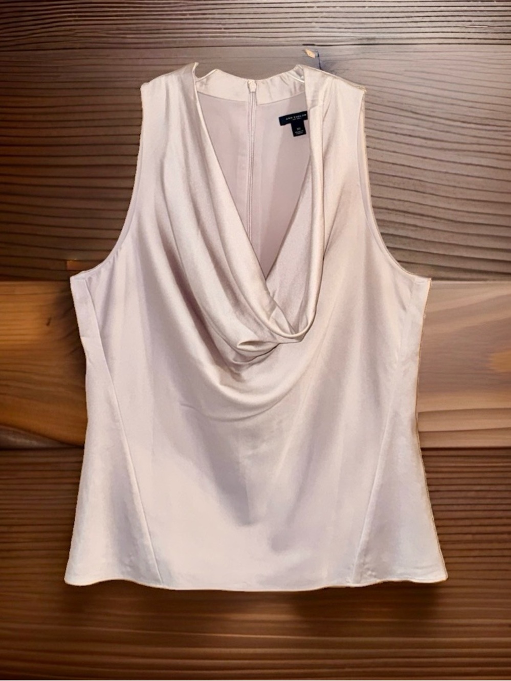 Ann Taylor Sleeveless Cowl Neck Satin Blouse — Light Beige -10-EC